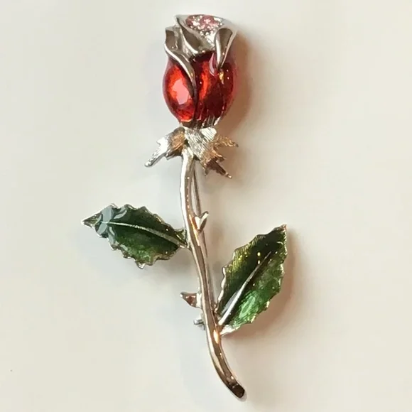 Vintage Enameled Rose Pin Flower Brooch Signed Silver Tone - Picture 10 of 10